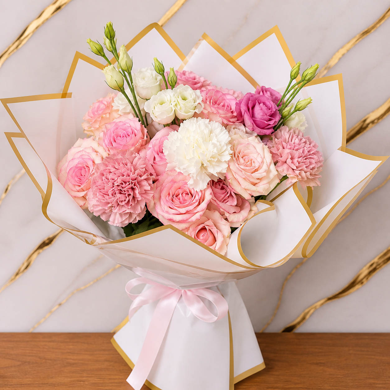 Eleganter rosa Blumenstrauß mit Rosen und goldener Verpackung