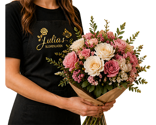 Floristin von Julias Blumenladen mit elegantem Rosenstrauß